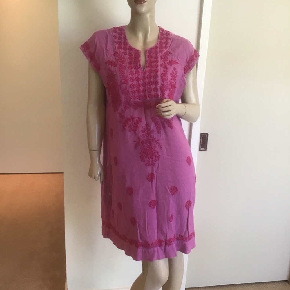 Roller Rabbit Hot Pink Faith Embroidered Floral 100% Cotton Shift Dress M